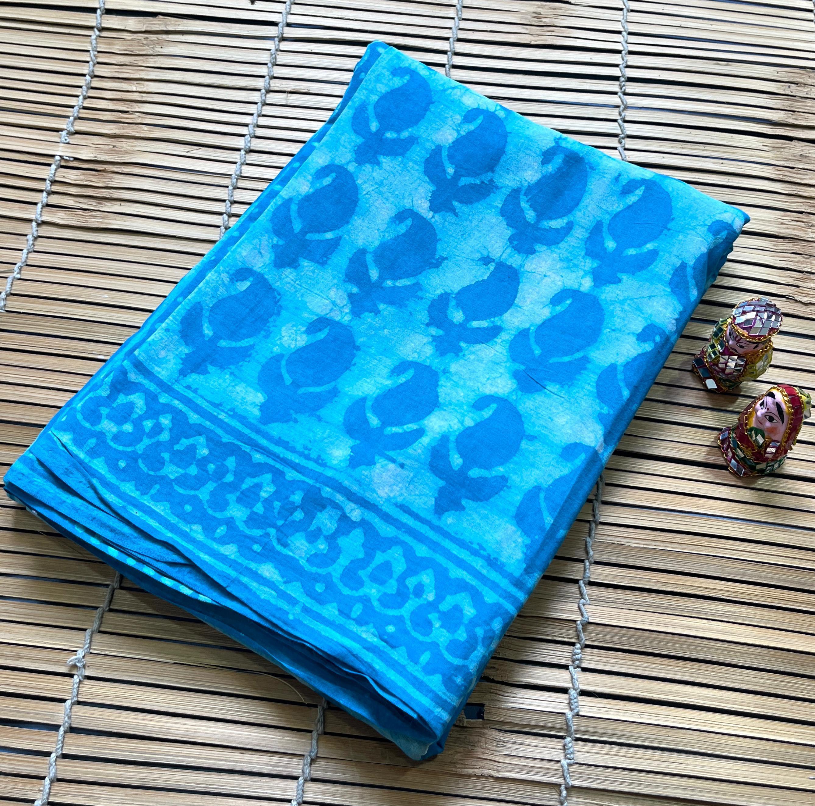 Blue Paisley Buta Cotton Mul Handblock Saree – Premium wholesale designer saree for boutiques
